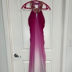 Paula Richi Ombre Pink Halter Evening Gown with Jeweled Collar – Size S